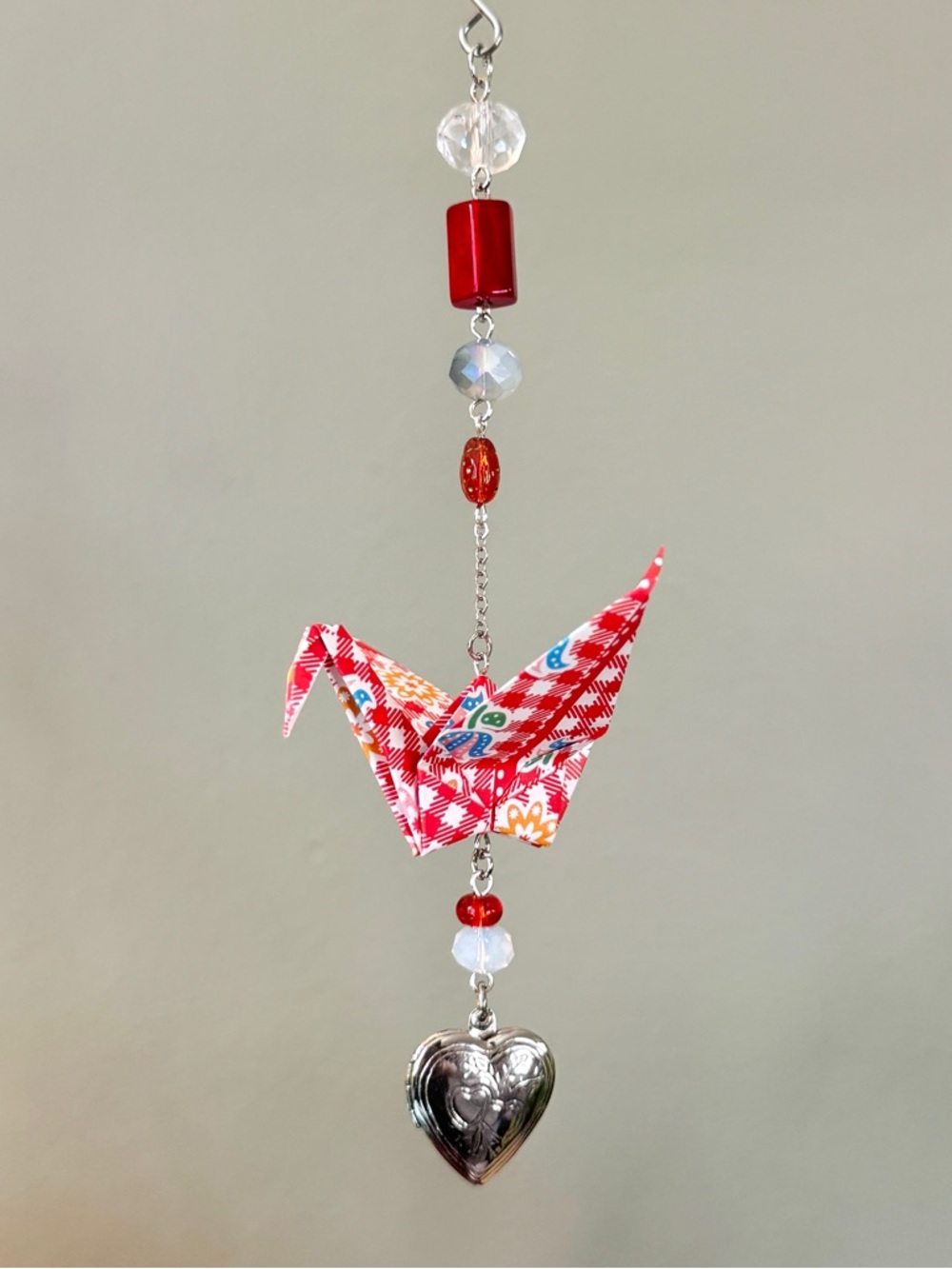 Origami Ornament #2452 - Medium Crane with Heart Locket